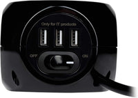 Status 3 Way Cube Socket with 3 USB Ports, Black Compact Extension Adapter with 1.4 Metre Lead for Home Office Travel Use, Space Saving Power Block, (S3B1.4M3XUSB1PK6)