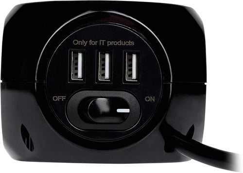 Status 3 Way Cube Socket with 3 USB Ports, Black Compact Extension Adapter with 1.4 Metre Lead for Home Office Travel Use, Space Saving Power Block, (S3B1.4M3XUSB1PK6)