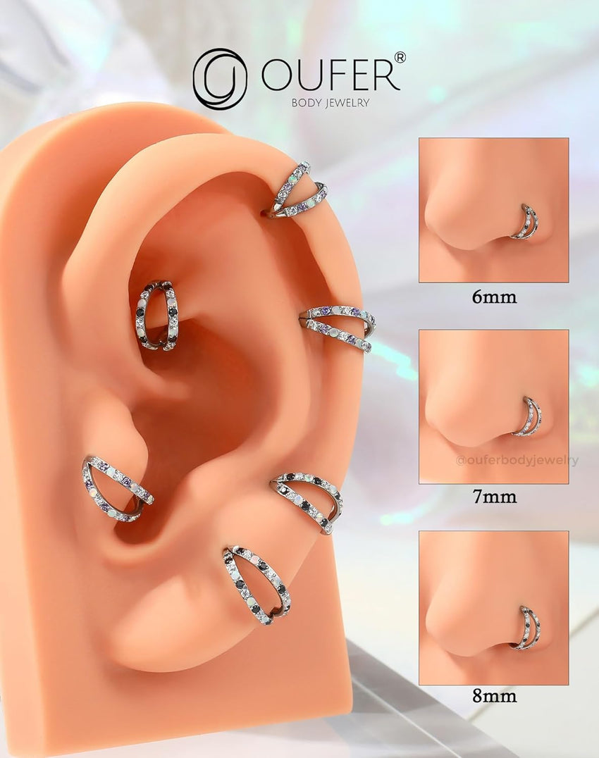 20G Nose Ring Hoops, Double Line CZ Opal Helix & Tragus Earrings â Silver