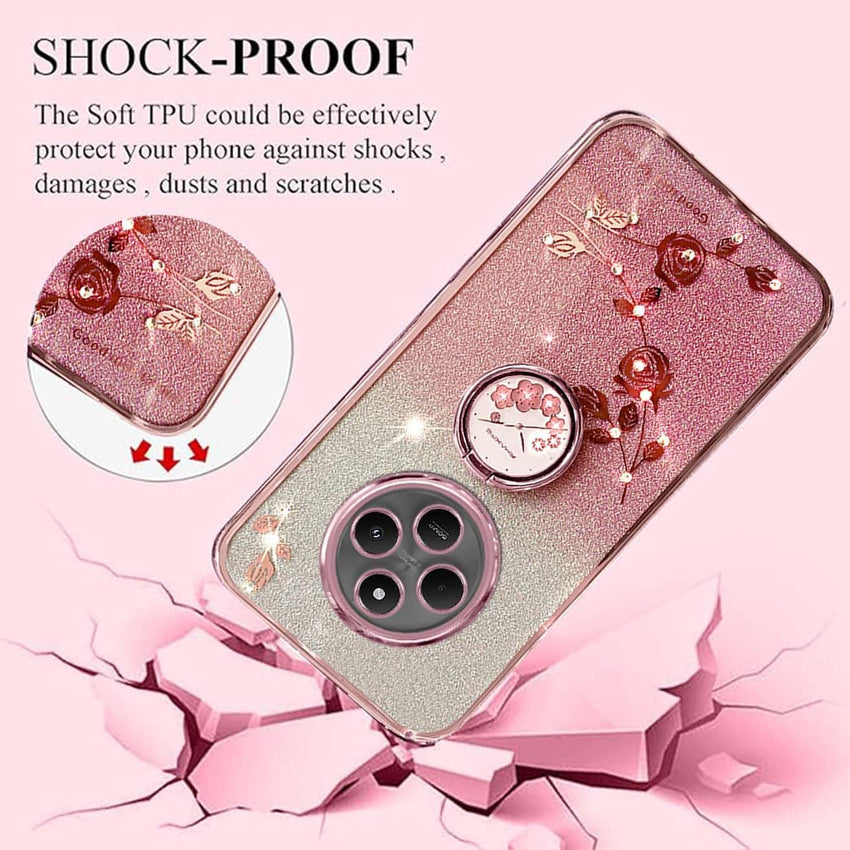 Glitter Case for Xiaomi Redmi 14C 4G, Ultra Thin Glitter Bling Women/Girls Shockproof Mobile Phone Case with Shiny Diamond Flowers Ring Stand Protective Case Pink