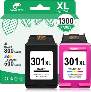 COLORETTO 301 Ink Cartridges Black and Colour for HP 301 XL for ENVY 5532 5530 4507 4504 4502 OfficeJet 4630 2620 2622 Deskjet 3055 3055A 2540 1510 Printer Ink for 301XL Replacement