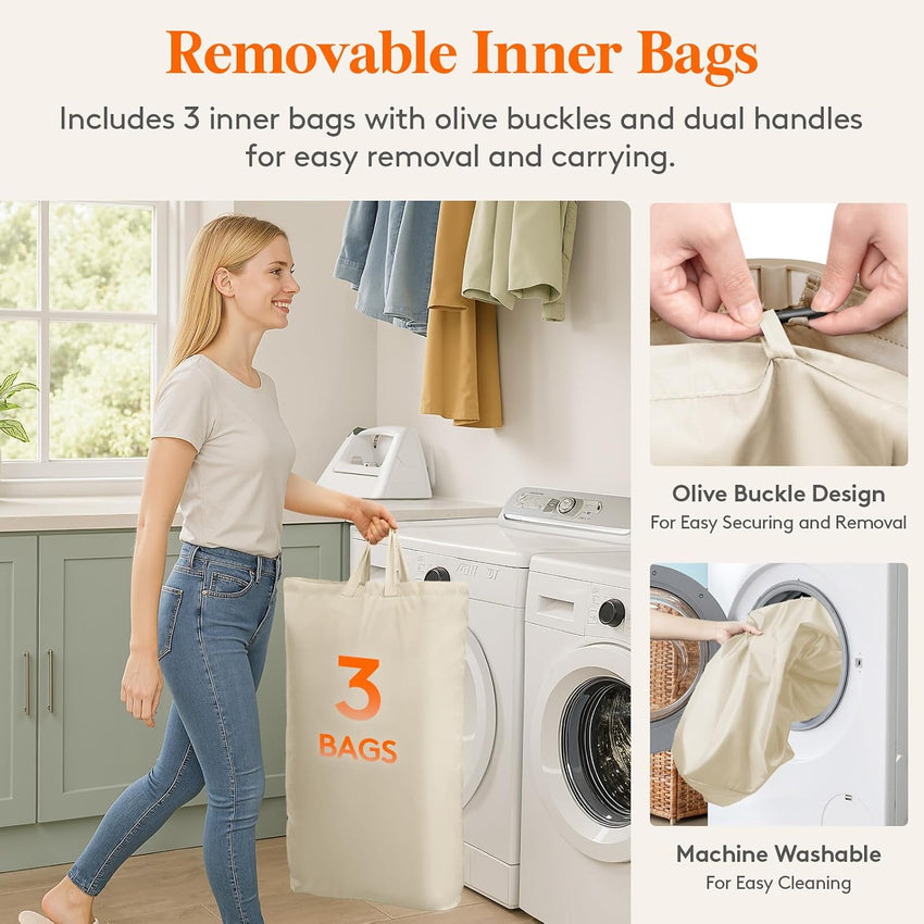 Laundry Basket 165L 3-Compartment with Lid Removable Bag Foldable Tall Hamper Beige