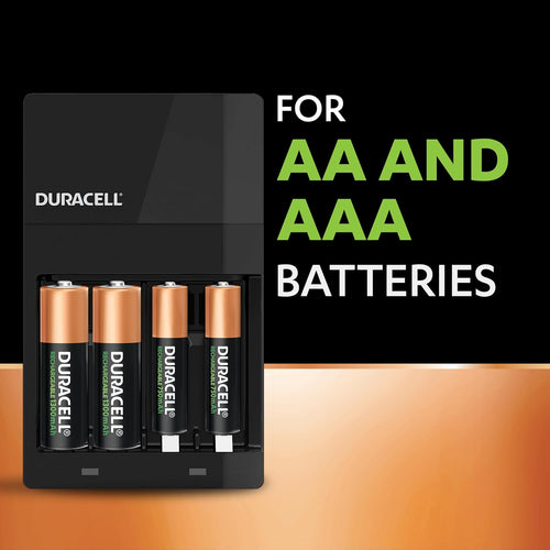 DURACELL Hi-Speed Battery Charger, 4 hours, Compatible with AA and AAA NiMh Batteries, 2x AA 1300mAh and 2x AAA 750 mAh, Rechargeable Batteries Included