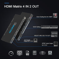 HDMI Matrix 4 in 2 Out 4K 60Hz 4:4:4 ARC HDR D-olby Vision Atmos SPDIF 5.1CH Breakout 3.5mm Stereo HDCP2.2- PC Console 16 EDID HDMI Scaler 4K 1080P Sync, HDCP2.2 HDMI2.0 Matrix 4x2 IR Remote