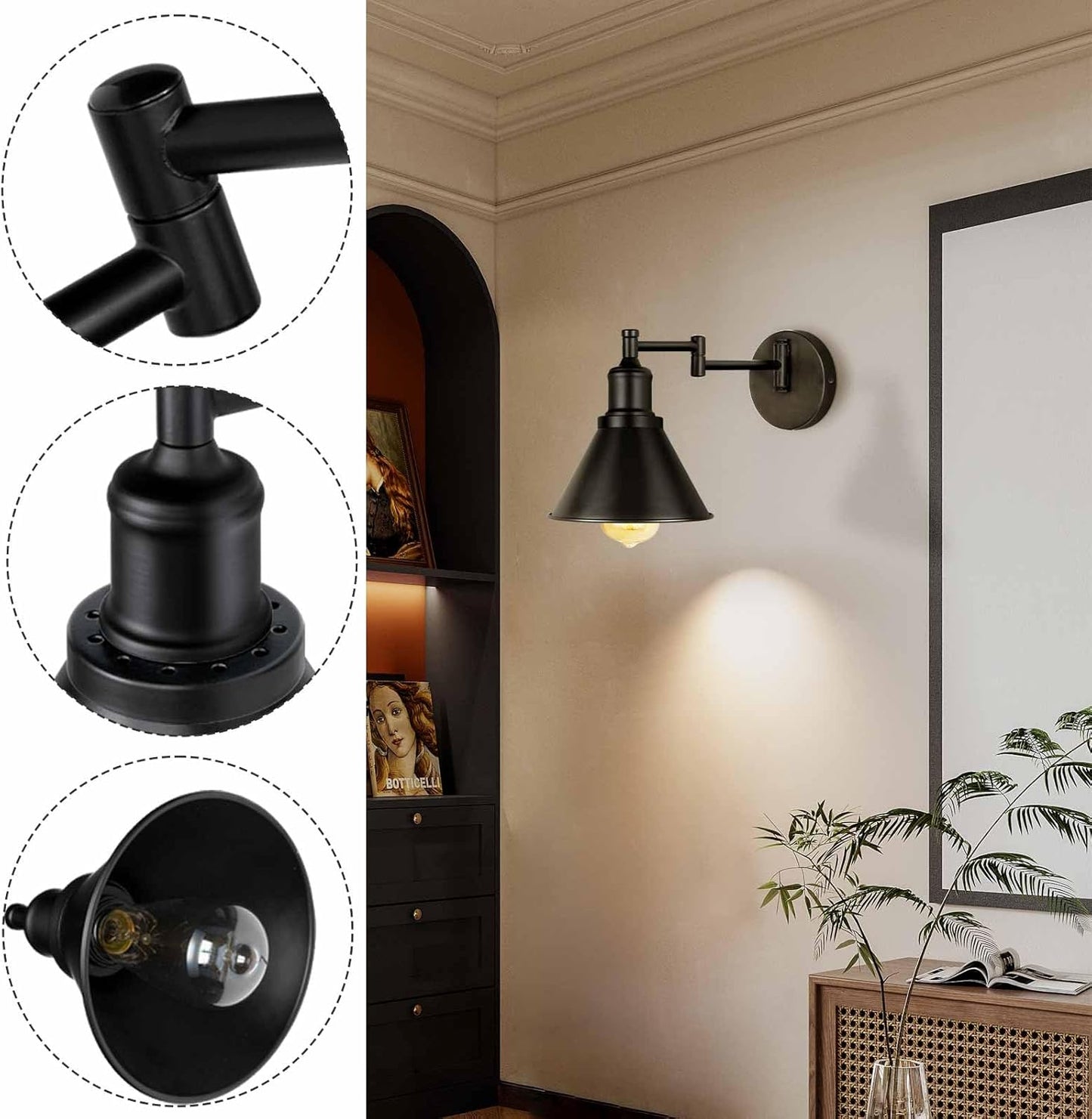 IC INSTANT COACH Industrial Wall Sconce Swing Arm Wall Lights, Black, Adjustable Wall Light, Wall Mounted Lamp Wall Sconce, 1 Light