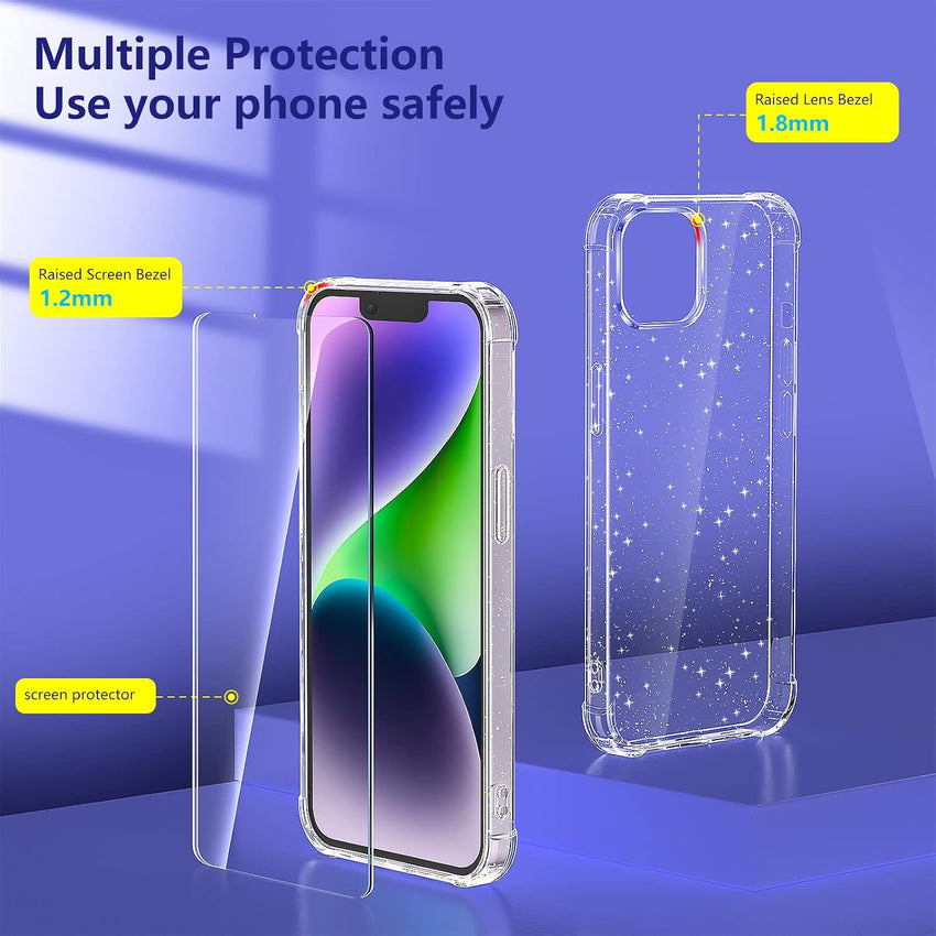 YIRSUR Glitter Case Compatible with iPhone 14 with 2 Pack Screen Protector and 2 Pack Camera Lens Protector, Glitter Air Cushion Soft TPU Bumper Anti-Scratch Shockproof Sparkly Cover for iPhone 14