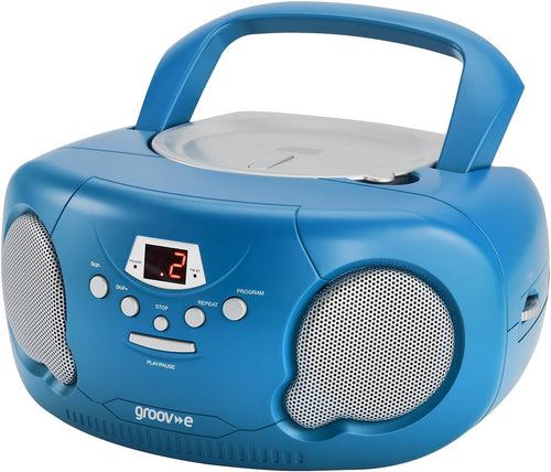 Groov-e Original Boombox - Portable CD Player with Bluetooth, Radio, 3.5mm Aux Port, & Headphone Socket - LED Display, 2 x 1.2W Speakers - Battery or Mains Powered - Blue
