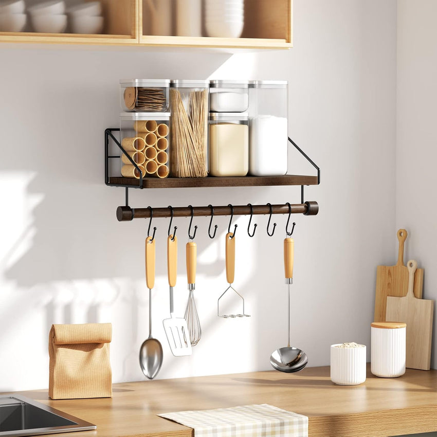 Alsonerbay Floating Shelves Wood Kitchen Shelves Wall Mounted,Rustic Storage with 8 Removable Hooks Small Floating Shelf with black Metal and dark brown Wood for Kitchen Bathroom Bar