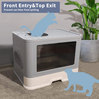 Foldable Cat Litter Box with Lid & Top Exit, Storage Drawer & Fur Brush, Easy Clean, Large Capacity (Grey)