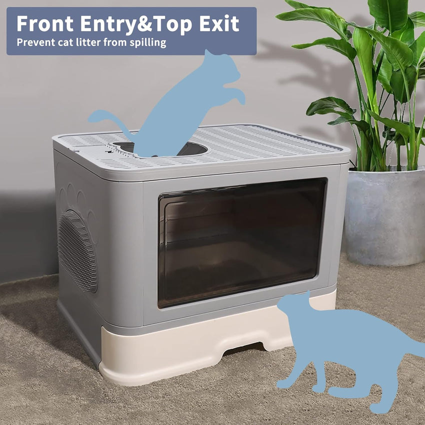 Foldable Cat Litter Box with Lid & Top Exit, Storage Drawer & Fur Brush, Easy Clean, Large Capacity (Grey)