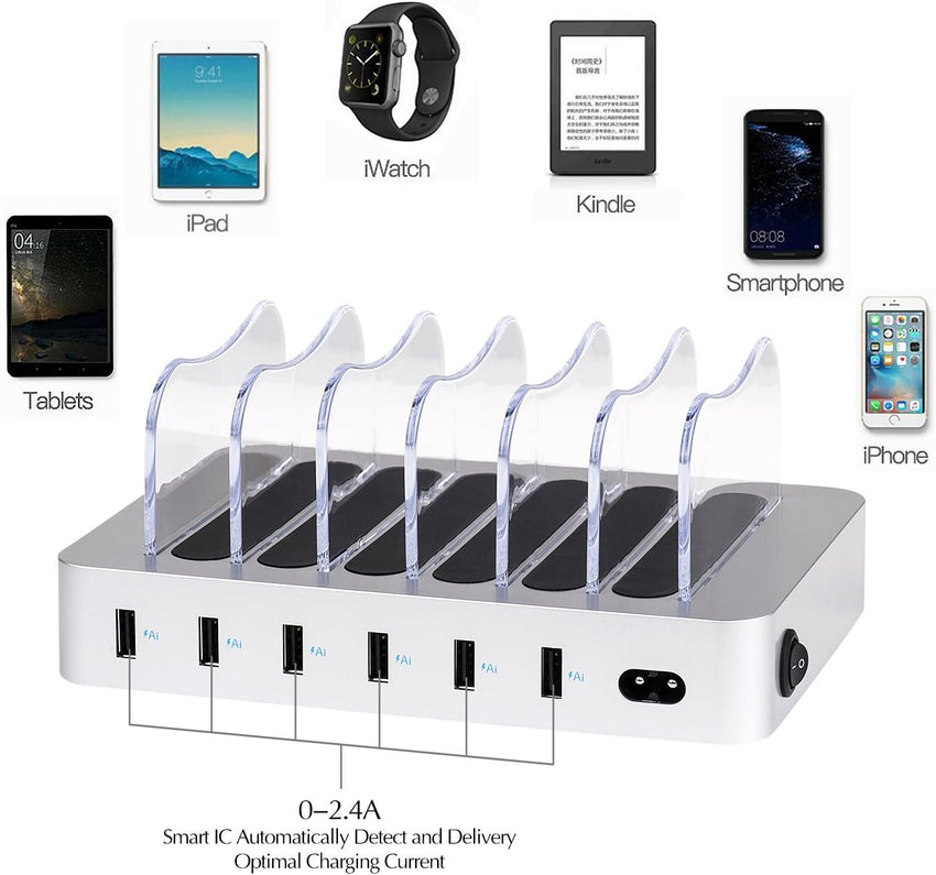 Charging Station 6-Port USB Dock with Cable & Status LEDs Silver