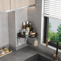 Voldra Corner Shower Caddy No Drilling, Shower Shelf Coner Adhesive Bathroom Corner Shelves with 4 Razor Hooks Shower Corner Shelf No Drill Bathroom Organiser Storage Wall Mounted(2-Pack, Black)
