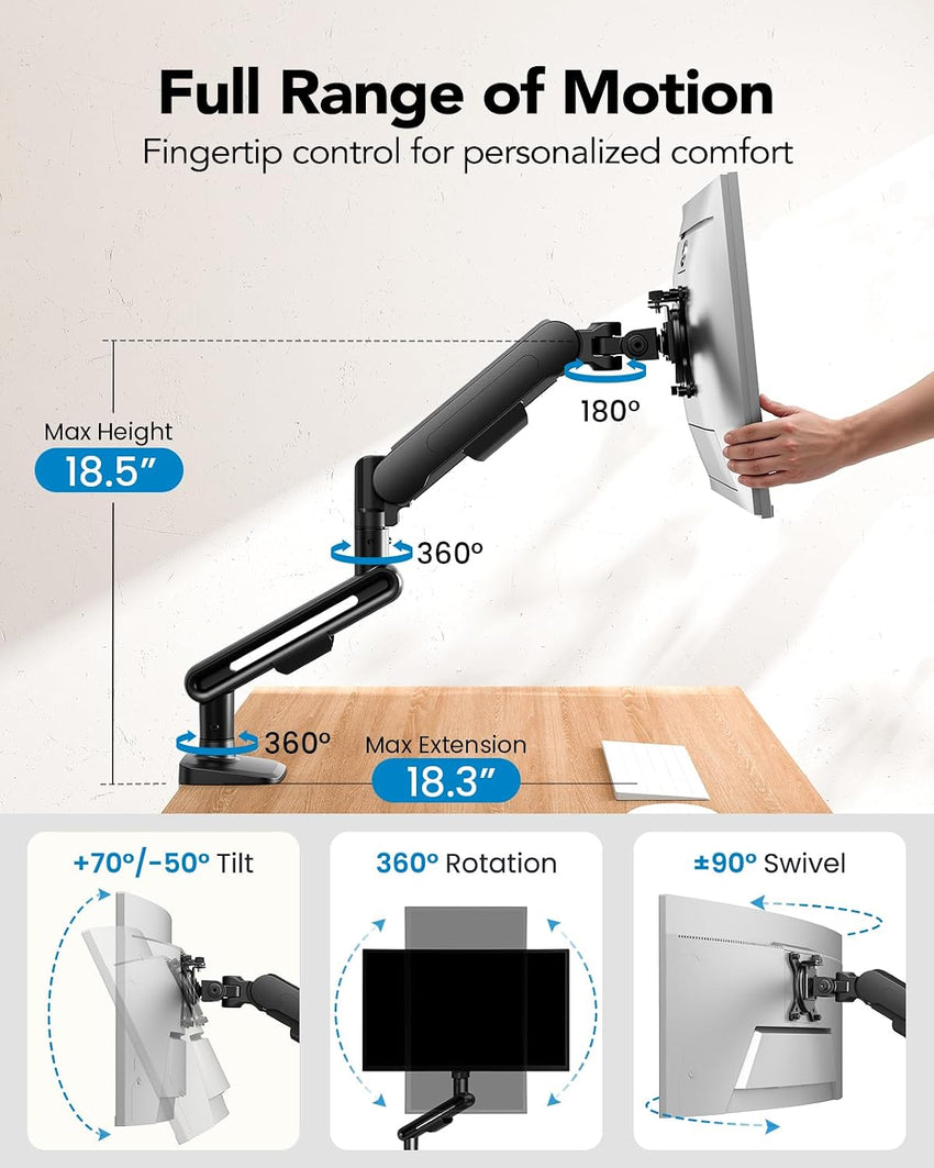 Ultrawide Single Monitor Arm 13-40in Holds 12kg C-Clamp & Grommet VESA 75/100mm 13 40in
