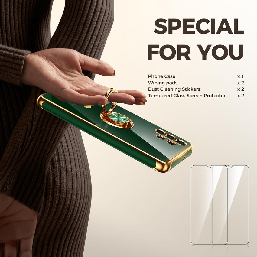 Nonional for Samsung Galaxy A32 5G Case with 2 Pack Screen Protector, 360^0 Rotatable Ring Holder [Luxury Hearts Pattern] Plating Gold Edge Slim Soft Phone Cover Case for Galaxy A32 - Green