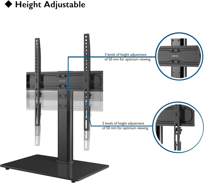 BONTEC Universal TV Stand for 24-60 Inch LCD LED OLED Plasma TVs, Height Adjustable Table Top Pedestal with Bracket, 8mm Tempered Glass Base, 45kg Load, Max VESA 400x400mm, Cable Management