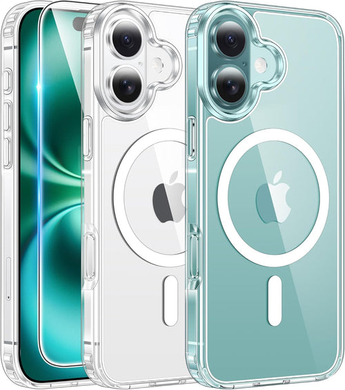 FNTCASE for iPhone 16 Case: Clear Magnetic Military Grade Drop Protection Anti Yellowing Slim Case - Rugged Shockproof Protective Transparent Cell Phone Cover(Clear)