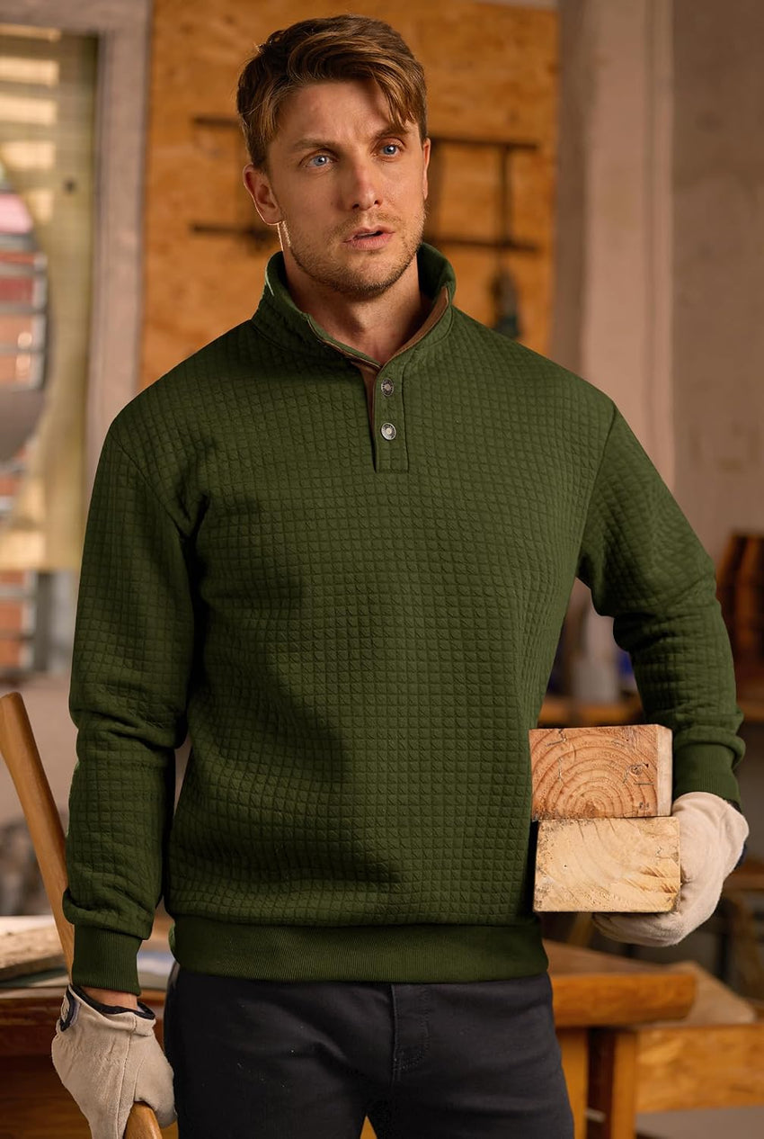 Men's Waffle Pullover Ribbed Corduroy Stand Collar Fleece-Lined Quarter Zip Sweater Green L