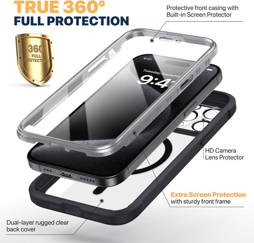 Diaclara Magnetic Designed for iPhone 15 Pro Case [Compatible with MagSafe], 360Â° Full Body Case with Screen Protector + Camera Lens Protector for iPhone 15 Pro 6.1" (Black)