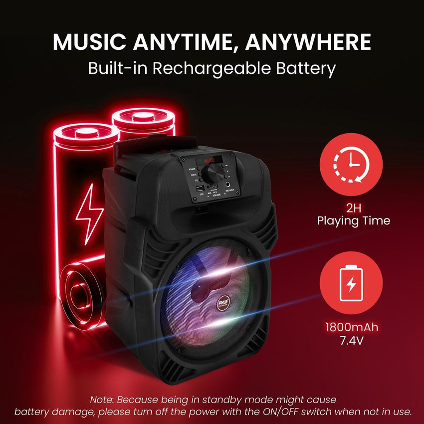 Pyle, Portable Dj Speaker System 400W, Bluetooth Pa Loudspeaker - 8" Subwoofer, USB/MP3/FM Radio/Mic Inputs, LED Lights, Rechargeable Battery w/Remote Control