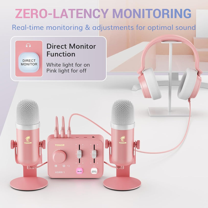TONOR ASMR Microphone kit, Dual mics with Audio Interface, USB Condenser Microphone with Audio Mixer, Immersive 3D audio, Volume Control, Clear Sound for ASMR, Content Creating, Podcast, Pink
