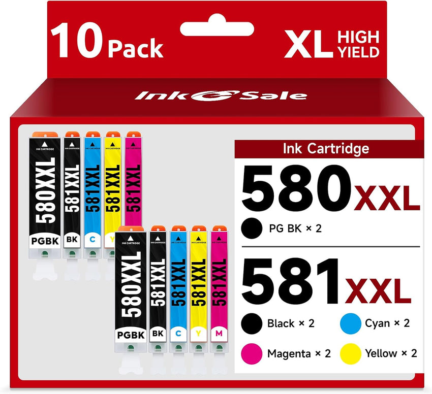 INK E-SALE 580 581 Ink Cartridges Replacement for Canon PGI-580 XXL CLI-581 XXL 10-Pack for TS6350 TS700 TS705 TS705A TR8550 TR7550 TS8350 TS8351 TS6150 TS6151 TS9550