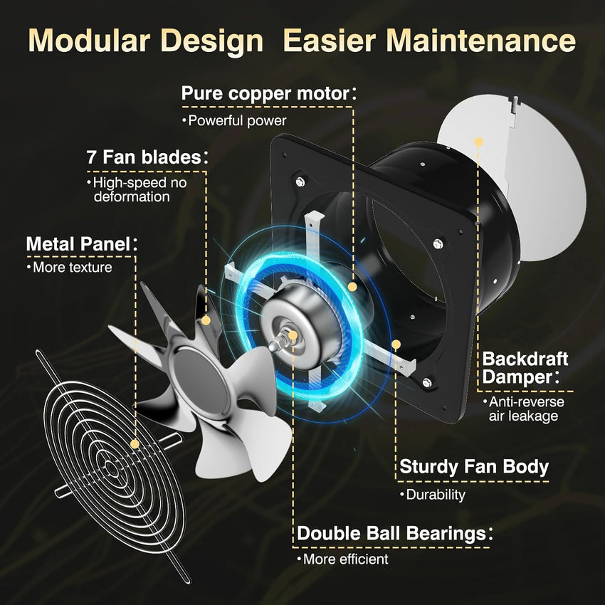 Kitchen Exhaust Fan 8 Inch 980mÂ³/h Low Noise Metal Extractor Black 200mm