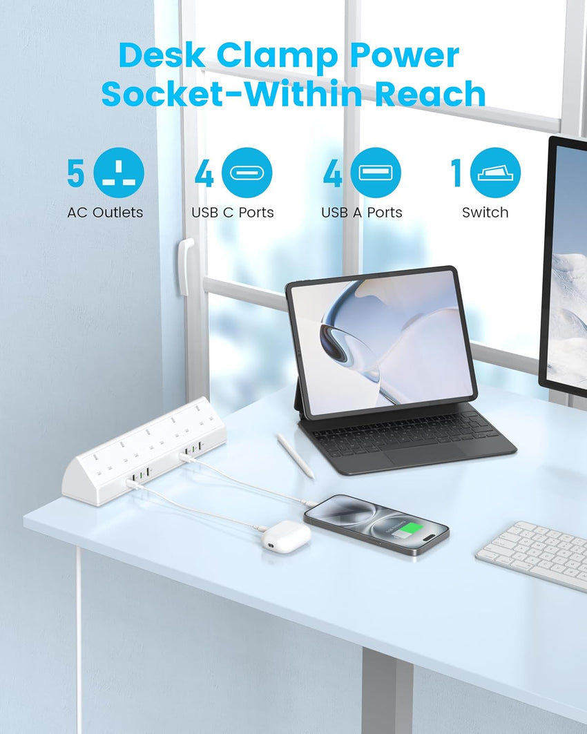 Desk Clamp Power Socket 45W USB-C Extension Lead White