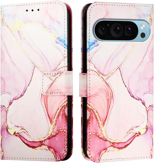 for Google Pixel 9 Case, 9 Pro Case, Marble Wallet PU Leather Shockproof Flip Phone Cover Card Holder Magnetic Clasp Kickstand TPU Inner Shell Bumper Case Cover for Google Pixel 9/9 Pro, Rose Gold