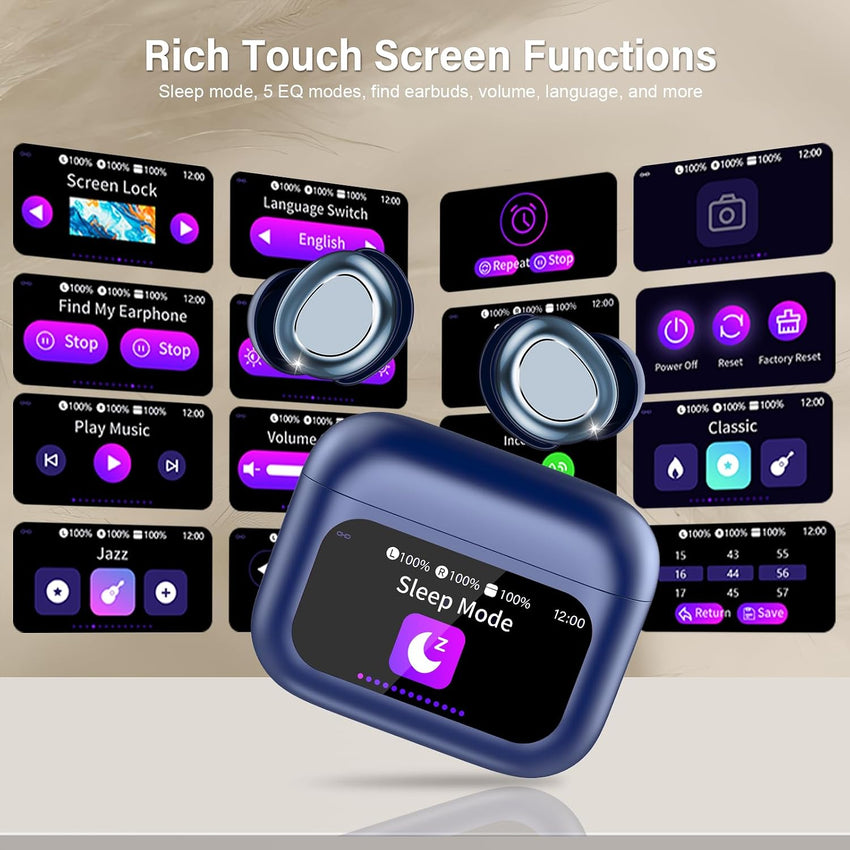 Bluetooth 5.4 Sleep Earbuds with Screen ENC Noise Cancelling Mic 5 EQ Modes HiFi Blue