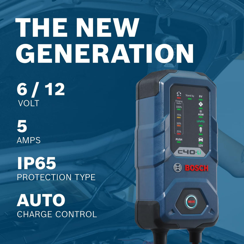 Bosch C40-Li Battery Charger 5A Trickle For 6/12V Lead-acid & LiFePO4 UK Plug