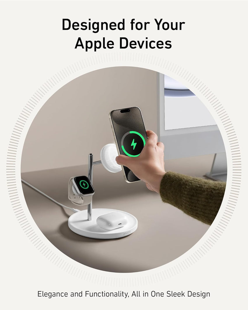 Anker 3-in-1 Wireless Charging Station, MagSafe Charger Compatible, Qi2 Certified 15W Wireless Stand, For iPhone 15/14 Series, AirPods Pro, Apple Watch Ultra (USB C Charger and Cable Included)