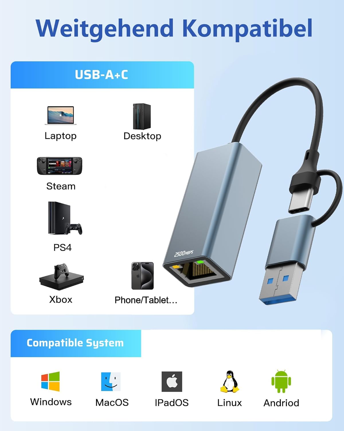 2.5G USB to Ethernet Adapter, 2-IN-1 USB-C to RJ45 LAN Wired Network 100/1000/2500Mbps Ethernet Adapter for PS4/5, Switch, Steam Deck, XPS, TV Box, iPad, MacBook, SmartPhone, Tablet, Laptop, etc