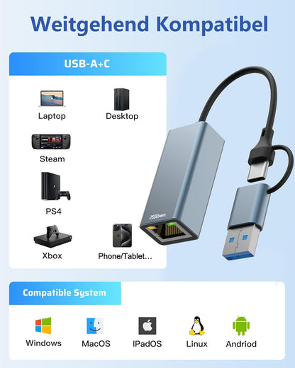 2.5G USB to Ethernet Adapter, 2-IN-1 USB-C to RJ45 LAN Wired Network 100/1000/2500Mbps Ethernet Adapter for PS4/5, Switch, Steam Deck, XPS, TV Box, iPad, MacBook, SmartPhone, Tablet, Laptop, etc