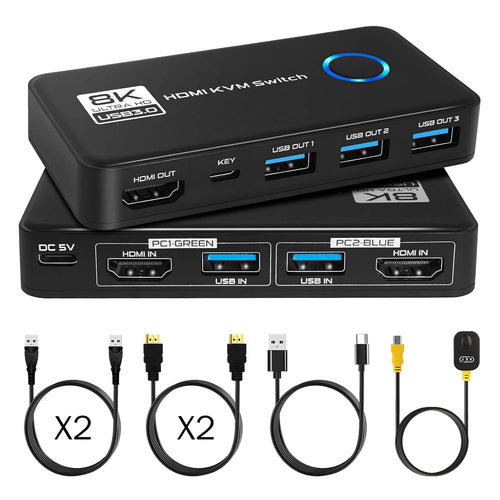 TCNEWCL 8K 60Hz KVM Switch 2 PC 1 Monitor 4K 120Hz, HDMI 2.1 USB 3.0 KVM Switcher for 2 Computers Share 1 Monitor Mouse Keyboard, with Wired Remote and 2 HDMI and 2 USB cables