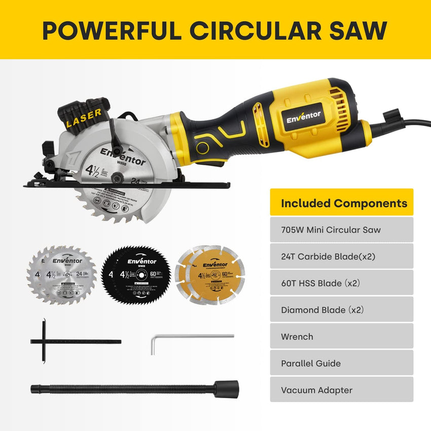Enventor Mini Circular Saw, 705W 3500RPM Pure Copper Motor Compact Electric Circular Saw with Laser Guide, 6 Blades(115mm), Max Cutting Depth 42.8mm(90ÃÂ°), 28mm(45ÃÂ°) for Wood, Soft Metal, Tile, Plastic