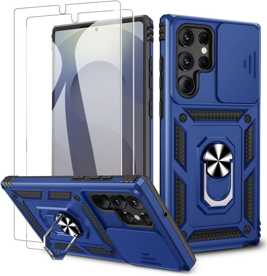 for Samsung Galaxy S25 Ultra Case with 2 Pack Screen Protector, Slide Camera Cover & Kickstand, Heavy Duty Shockproof Rugged Protective Phone Cover Case for Samsung Galaxy S25 Ultra, Blue