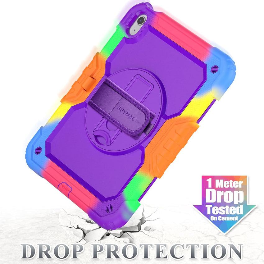 SEYMAC stock Case for iPad 10th Generation 10.9 Inch 2022, Full-Body Drop Protection with Screen Protector, Rotating Stand/Hand Strap & Pencil Holder for iPad 10 Case A2696/ A2757/ A2777, Camo+Purple