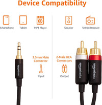 Amazon Basics 3.5 Aux to 2 x RCA Adapters, Audio Cable for Amplifiers, Active Speakers with Gold-Plated Plugs, 2.4 m, Black