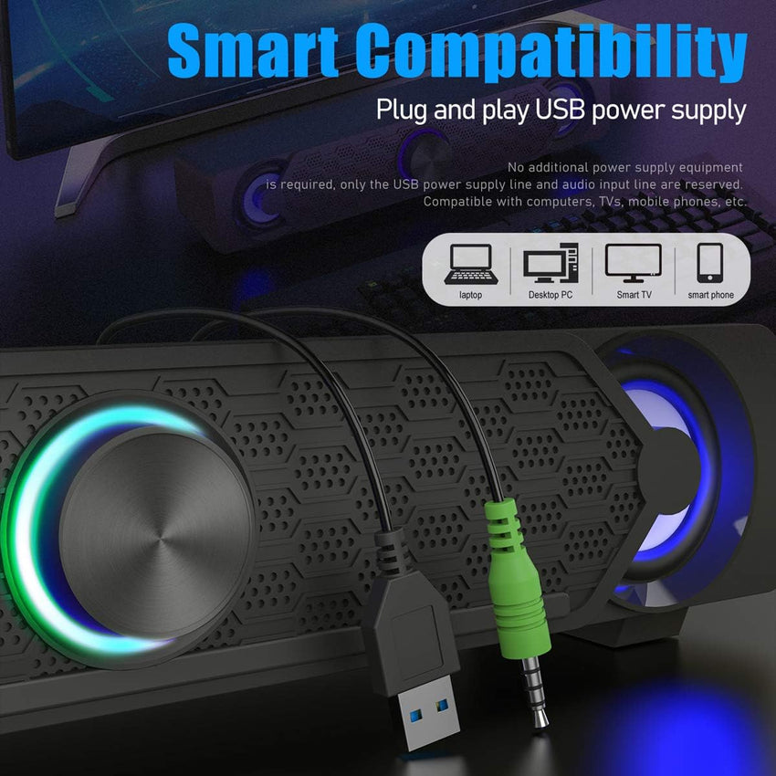 Smalody PC Speakers, Computer Speaker, USB Soundbar, Gaming with Cool LED Lights, Multimedia Speaker Perfect for PC Games,Computer, Desktop, Laptop