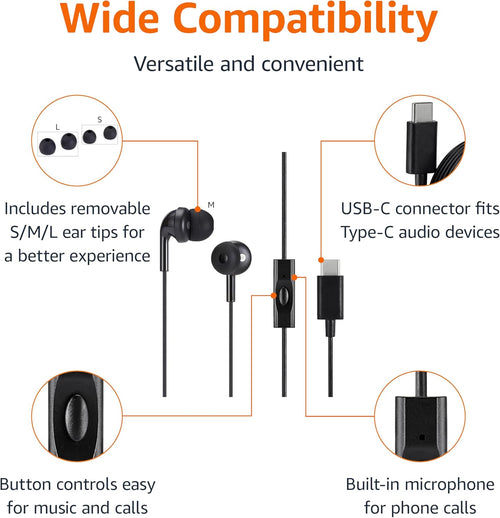 Amazon Basics Headphones, USB-C Wired Earbuds with Microphone, In-Ear, 4.2-ft Cable, S/M/L Ear Tips, Black