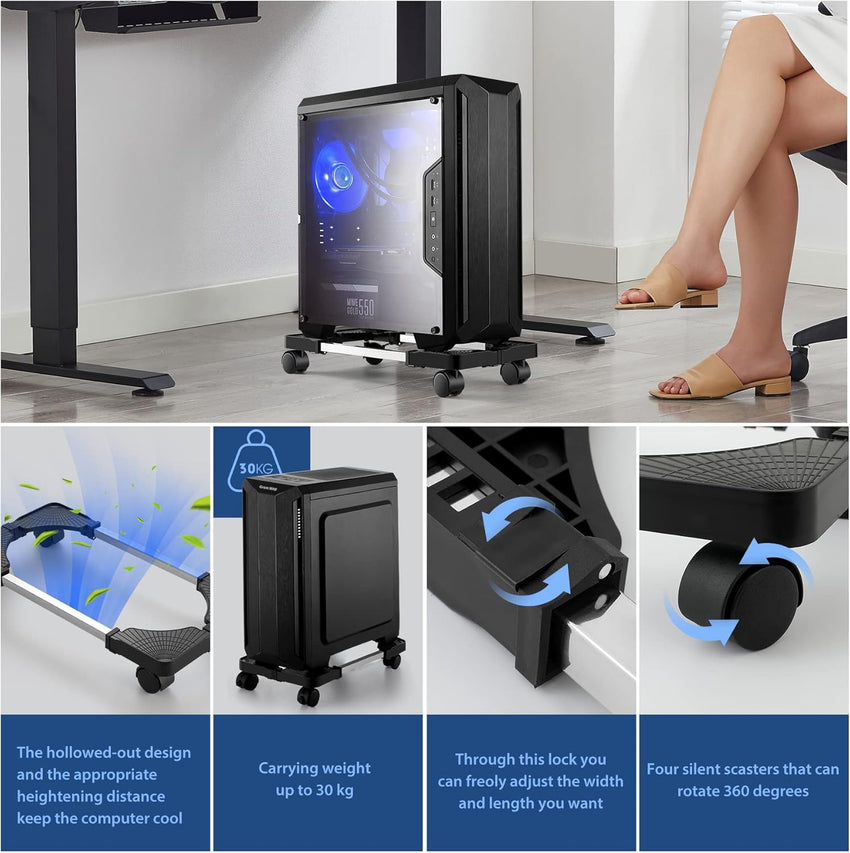 Hmseng Pc Stand, Adjustable computer tower stand, Cpu Stand with 4 Rolling Caster Wheels,Fits Most PC Under Desk-Black