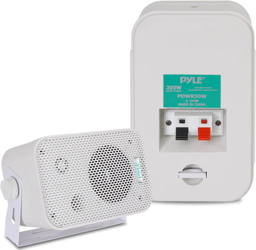 Pyle Home Dual Waterproof Outdoor Speaker System 300W - 3.5 Inch/8.9cm Pair of Weatherproof Wall/Ceiling Mounted Speakers, Heavy Duty Grill, Universal Mount, For Pool, Patio, Boat, Indoor, (White)