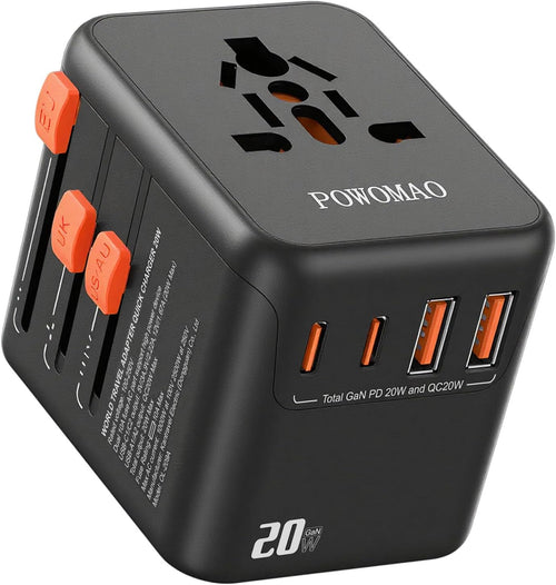 POWOMAO Universal Travel Adapter Worldwide with 2 USB C and 2 USB A Ports,Travel Plug UK to World with Dual 10A Fuses,20W All In One International Travel Adapter for EU USA UK AU Thailand,Japan,Asia