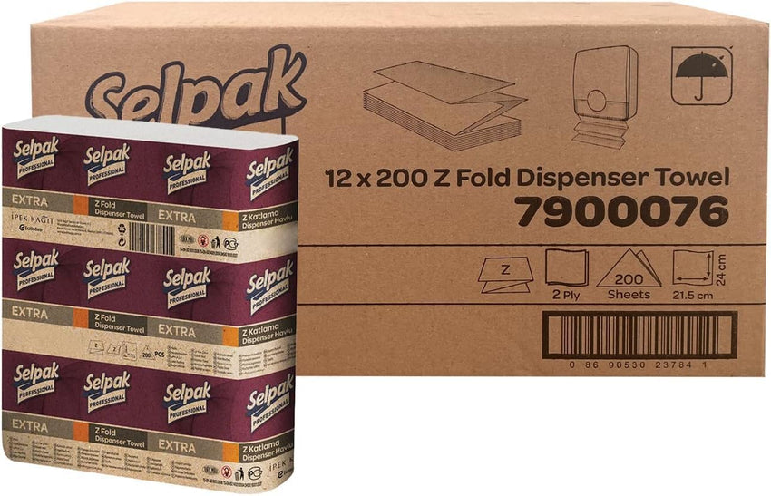 Selpak Professional Z Fold Paper Towels, 2ply Paper Hand Towels Disposable 12x200, (Total 2400), Absorbent White Paper Towel Ideal for Individuals/Businesses, Paper Hand Towels for Dispenser