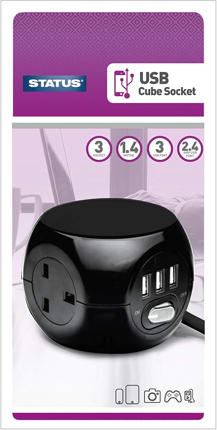 Status 3 Way Cube Socket with 3 USB Ports, Black Compact Extension Adapter with 1.4 Metre Lead for Home Office Travel Use, Space Saving Power Block, (S3B1.4M3XUSB1PK6)