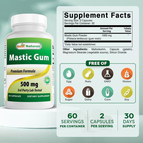 2 Pack - Best Naturals Mastic Gum Capsules 500 mg - 60 Count - (Non-GMO) (Gluten Free) - Promotes Healthy Stomach & Duodenal Health - (Total 120 Capsules)