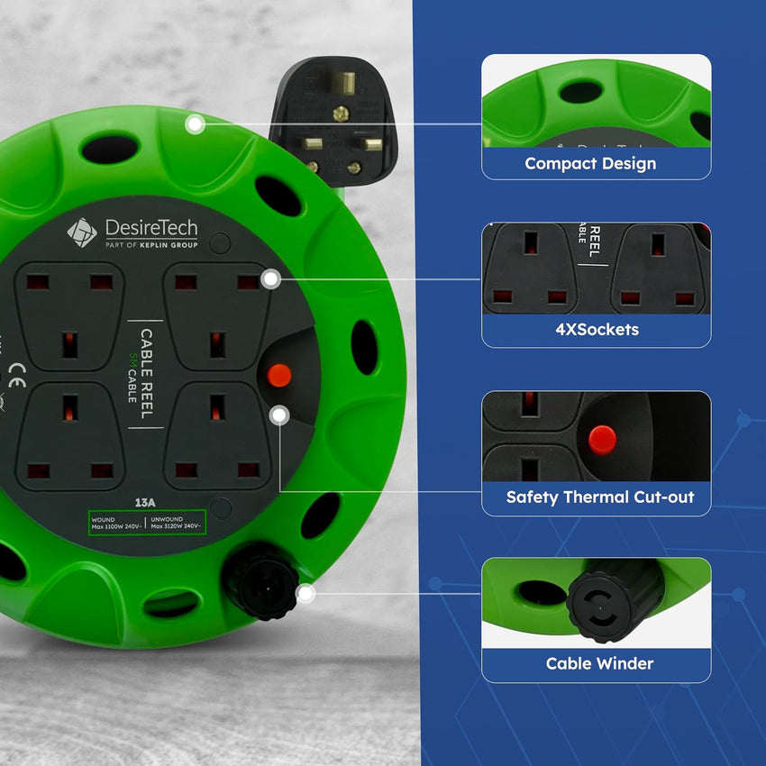 Desiretech - 4 Socket Extension Lead - 5m Portable Cable Reel - Thermal Cut Out, Ergonomic Handle, Green/Black - Heavy Duty Extension Cord for Indoor Use (5 Metre)