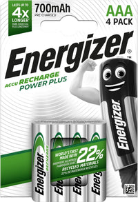 Energizer Recharge Power Plus - Rechargeable AAA Batteries (4 Pack) - 700 mAh NiMH Triple A Battery - 100% Recyclable Plastic Free Packaging