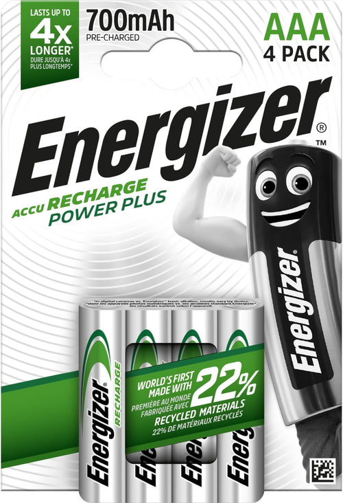 Energizer Recharge Power Plus - Rechargeable AAA Batteries (4 Pack) - 700 mAh NiMH Triple A Battery - 100% Recyclable Plastic Free Packaging