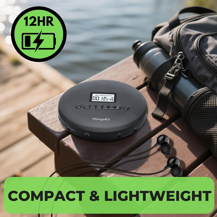 MangoKit CD-X Portable CD Player for Car, Bluetooth Out 5.3, MP3 Playback, Headphones-Personal CD Player with Anti-Skip, Rechargeable Battery-Compact Disc Player for Travel, Home, Language Learning